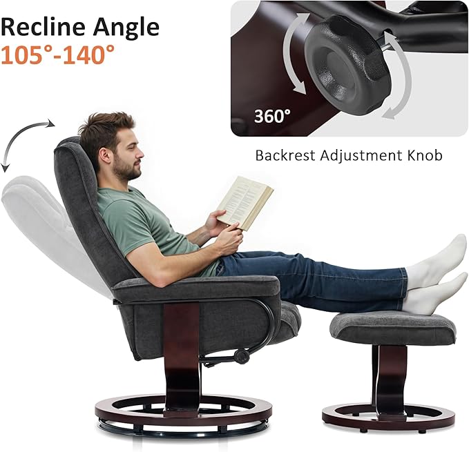 MCombo Manual Swivel Recliner with Ottoman, Chair Ottoman Set for RV Small Spaces, Living Room, Bedroom, Office 4919 (Textile, Grey)