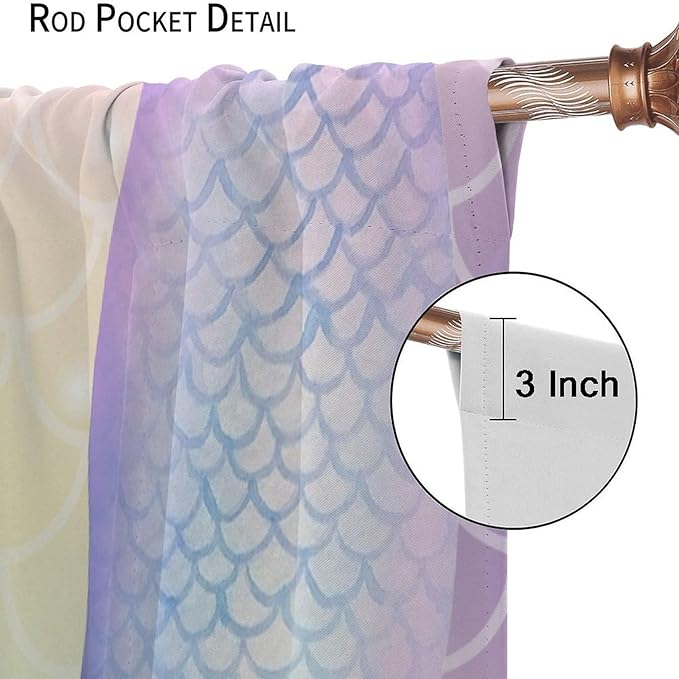 Dream Mermaid Curtains Colorful Mermaid Fish Tail Scale Fantasy Ocean Theme Beautiful Kids Window Treatment for Girls Bedroom Nursery Room Decor Rod Pocket Window Drapes 55x63in