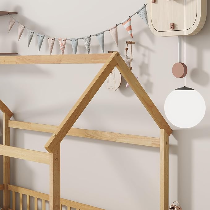 Ball & Cast Twin Size Floor Bed,Montessori Bed with Roof & Safety Guardrails Design,Wooden Toddler House Bed Frame W/Open Door,for Girls Boys,Natural