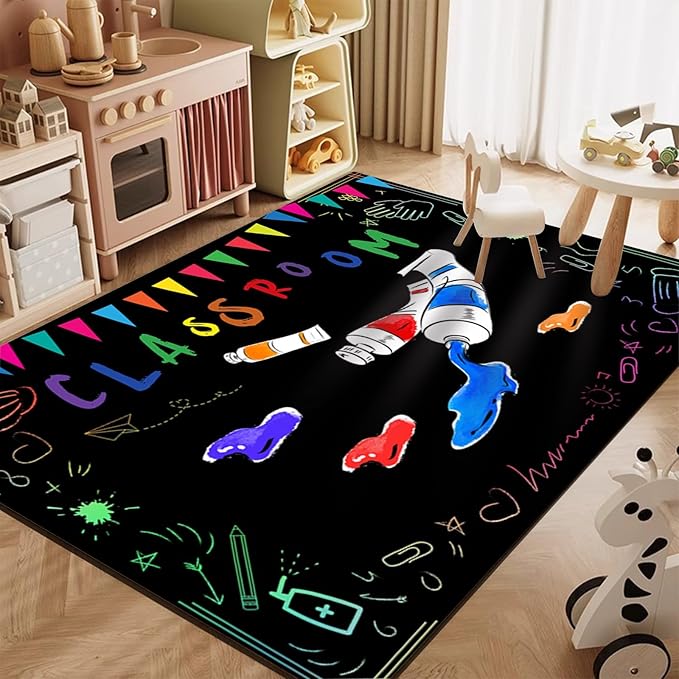 Classroom Blackboard Chalk Indoor Rugs, 4x5ft, Color Flag Painting Paint Bedroom Rug, Washable Classroom Carpet for Kids Room, Thin Print Fade Resistant Decor Mat for School Floor