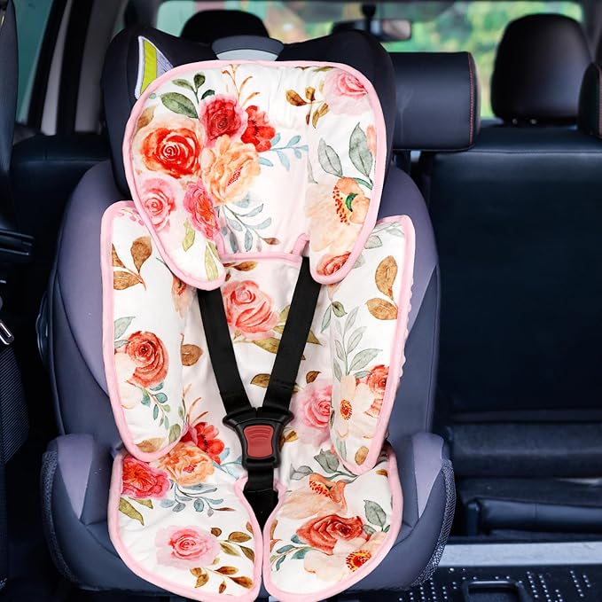 Infant Car Seat Insert, 2-in-1 Baby Car Seat Head Support for Newborn Girls Boys, Soft Baby Neck Support and Body Cushion for Car Seat, Stroller, Bouncer (Floral)