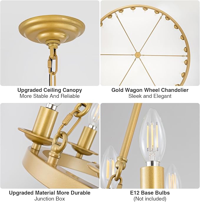 Wagon Wheel Chandelier, 24-Light Gold Large Round Modern Farmhouse Chandelier with Adjustable Height Island Light Fixture for High Ceiling Dining Room, Kitchen, Living Room, Entryways, Foyer