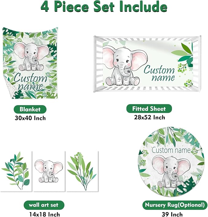 Custom Baby Crib Bedding Set,Personalized Name Green Elephant Theme Nursery Bed Set 4 Piece,Baby Blanket Fitted Sheet Nursery Rug Wall Art Set,Custom Room Decor Idea Gift for Newborns Boys Girls