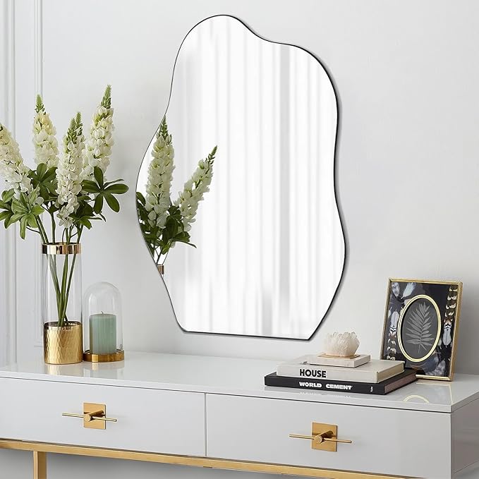 POZINO Irregular Shaped Mirror, 28"x20" Asymmetrical Mirror, Modern Wavy Mirrors, Funky Mirrors for Wall Decor Living Room Bathroom Bedroom Entryway