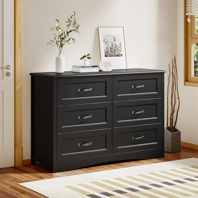 Gizoon 6 Drawer Dresser for Bedroom，47'' Larger Chest of Drawers with Mental Handle for Kids Room, Black Dresser with 6 Storage Drawers for Living Room, Entryway and Hallway, Black