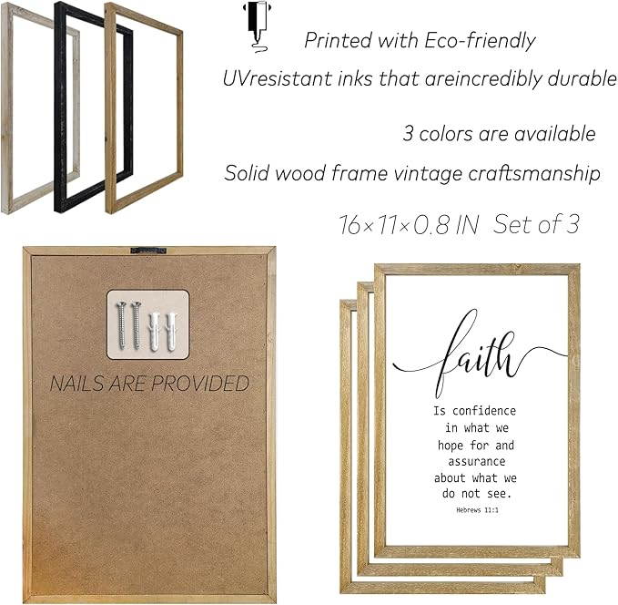 Faith Hope and Love Bible Verses Wall Decor Sign 16x11Inch Wood Framed Set of 3 Farmhouse Living Room Christian Faith Scripture Art Inspirational Religious Quote Love Wall Hanging (Wood)