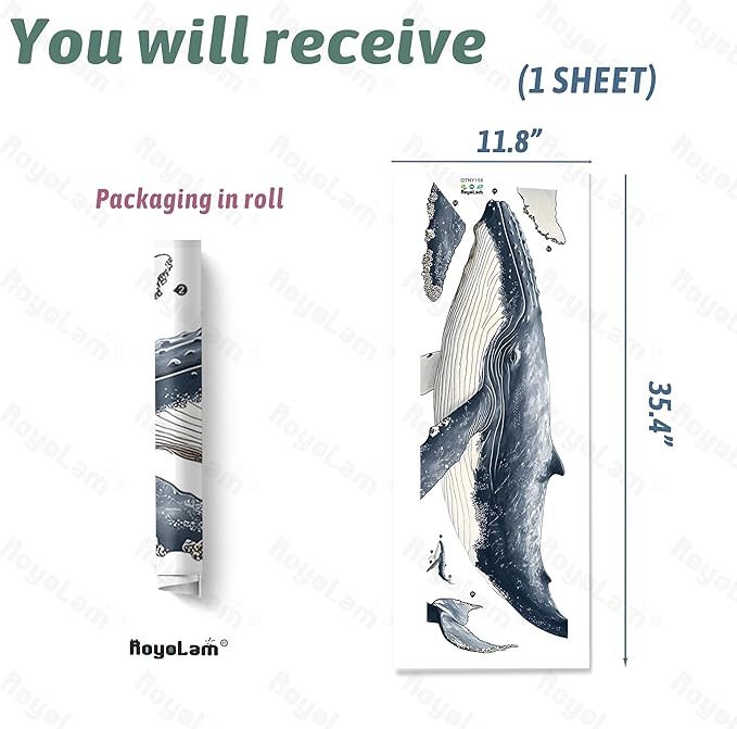 Humpback Whale Wall Decals Removable Ocean Theme Vinyl Stickers for Bathroom Nursery and Kids Playroom Realist Style Decor Peel and Stick Wall Art