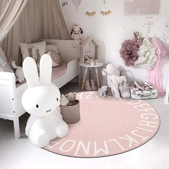 Topotdor Round Kids Play Rug Alphabet Nursery Area Rug Extra Large Soft Crawling Play Mat for Children Toddlers Bedroom (71 inch, Pink)