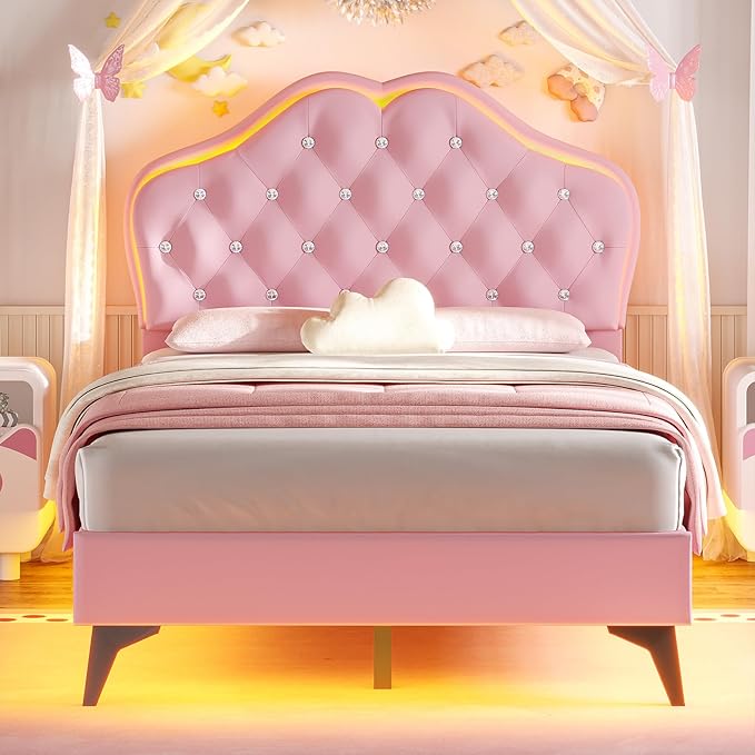 BTHFST Twin Size Upholstered Bed Frame with LED Lights, Princess Platform Bed for Girls, Adjustable Headboard with Crystal Button, Solid Wood Slats Support, No Box Spring Needed, Pink