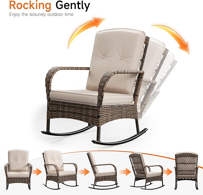 DECMICO 3 Pieces Rocking Bistro Set, Wicker Outdoor Rocking Chair with Washable Cushions, Rattan Rocking Chairs with Rattan Table, Outdoor Wicker Chair for Patio Backyard Porch Garden