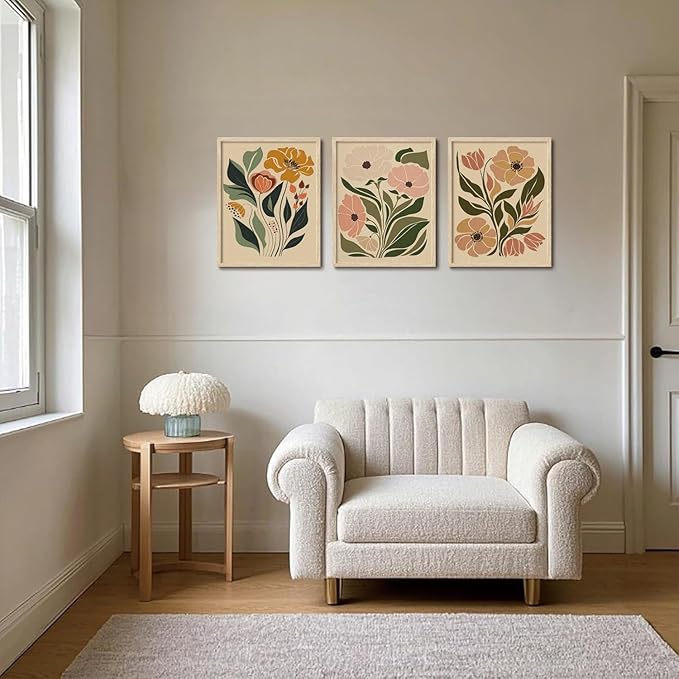 CHMMART Boho Floral Framed Wall Art Flower Canvas Art Prints Set of 3 Mid Century Modern Pictures Wall Decor Botanical Painting Artwork for Living Room Bedroom Office 12x16in