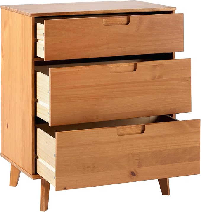 Walker Edison Sloane 3-Drawer Groove Handle Solid Pine Wood Dresser, 36 Inch, Caramel