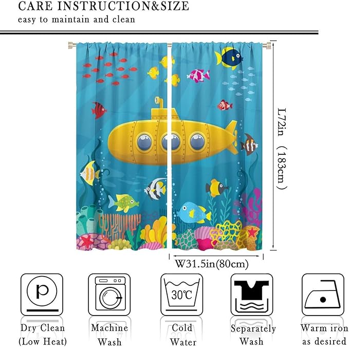 Boy Window Curtains Submarine Window Drapes Yacht Window Treatments Underwater World Oasis Thermal Drapes for Kids Girls Toddler Teens Room Dorm Decor Set 2 Panels,63x72 Inches, Style-1