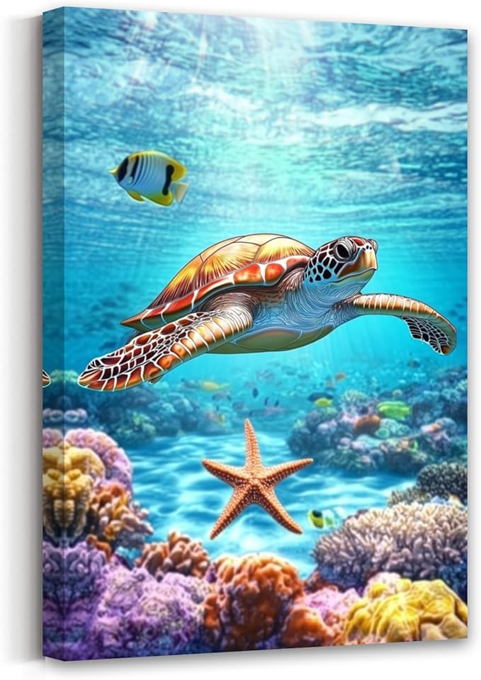 AWPANERAR Sea Turtle Wall Art Bathroom Pictures Watercolor Sea Life Canvas Prints Ocean Animal Poster Nautical Theme Artwork for Kids Room Nursery Decor Framed (Green, (36L x 24W))