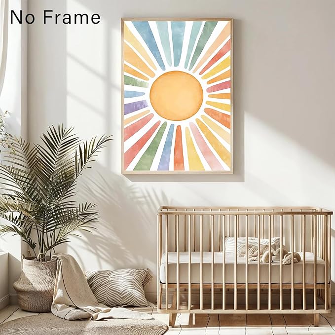Boho Sun Canvas Wall Art Nursery Sun Prints Watercolor Sunshine Art Colorful Sunshine Poster Abstract Geometric Painting Colorful Geometric Prints Modern Minimalist Poster 16x24inch Frameless