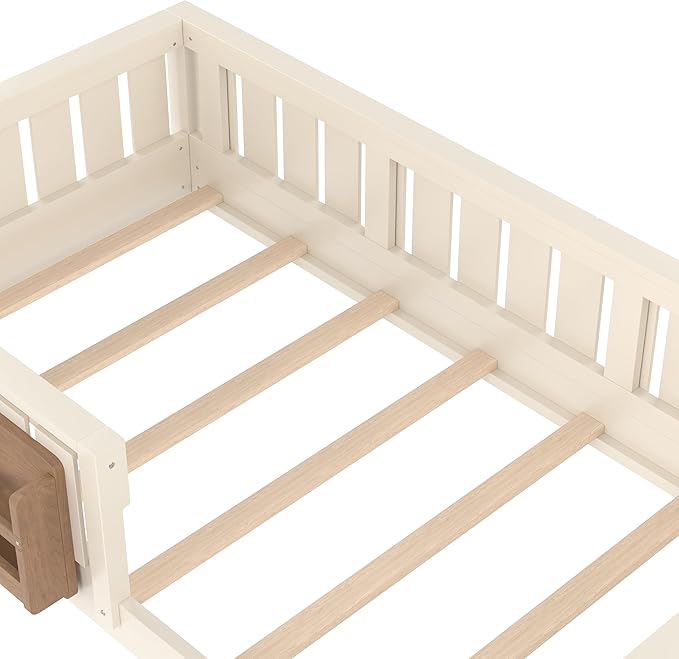 Bellemave Twin Size Floor Bed with high Rails and with Built-in Bookshelf for Kids, Girls, Boys, Wood Montessori Floor Bed Without Door, Beige