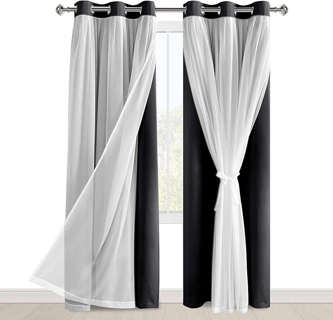 Hiasan Black Blackout Curtains with Sheer 84 Inches Long, Thermal Insulated Mix & Match Double Layer Room Darkening Curtains for Bedroom, Living Room, 2 Window Drape Panels with Tiebacks, 38W X 84L
