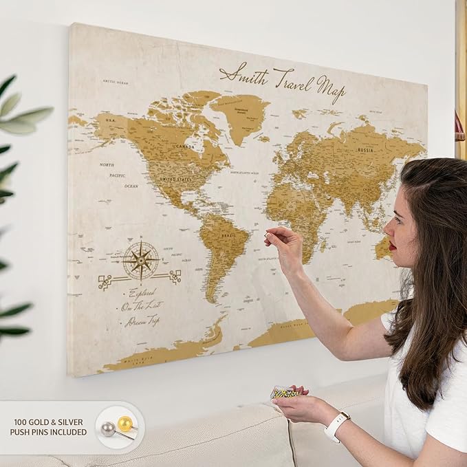 ElephantStock - Personalized Travel Push Pin World Map Wall Art - Horizontal Canvas Wall Art - Living Room Wall Decor - Digital Art Map Canvas Art - Orange And Beige Decor - 45" x 30"