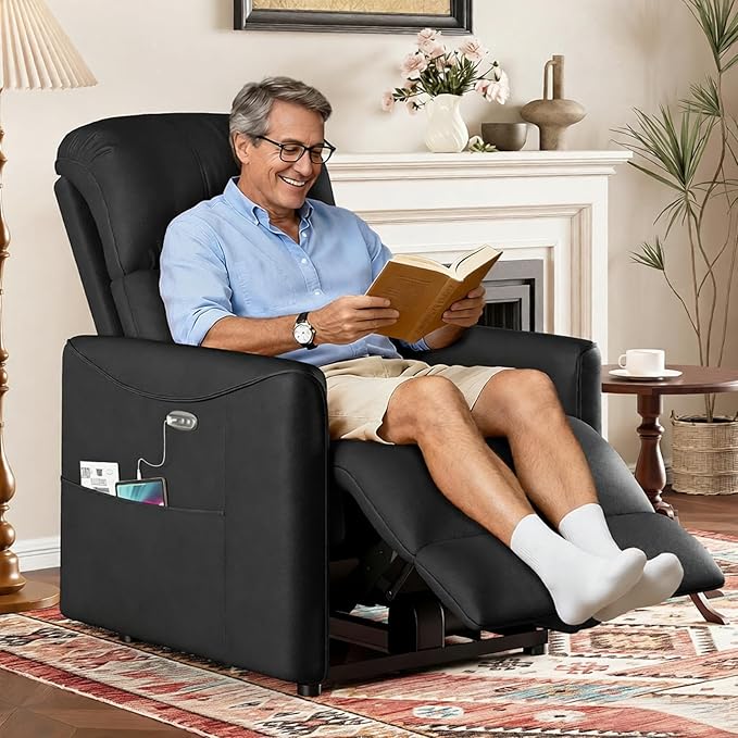 Adjustable Power Recliner Chair, Comfy PU Leather Electric Recliner Chair, Power Recliners with USB Port, Eco-Certified Small Recliners for Small Spaces Sofa Reclinable, Black