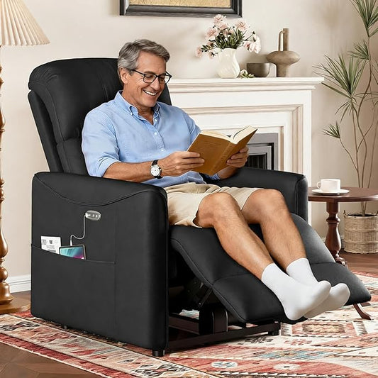 Adjustable Power Recliner Chair, Comfy PU Leather Electric Recliner Chair, Power Recliners with USB Port, Eco-Certified Small Recliners for Small Spaces Sofa Reclinable, Black