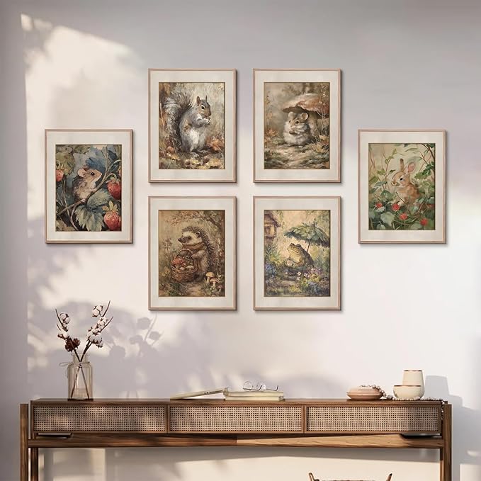 6 Pcs Woodland Animal Nursery Canvas Wall Art Vintage Forest Animal Nursery Paintings Posters Rustic Cottagecore Bunny Pictures for Gallery Kids Room Girls Boys Home Decoration (8x10inch Unframed)