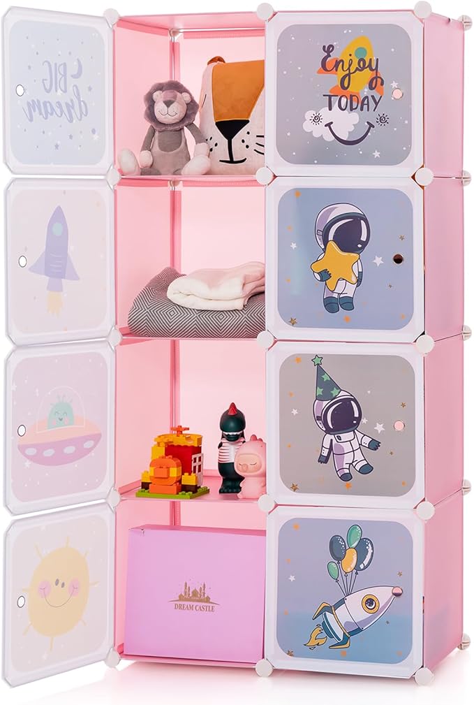 INFANS Children Wardrobe, Kid Closet Portable Baby Dresser Cute for Kids Bedroom Nursery Armoire with Doors 12 Cube 2 Hanging Sections, Kid Clothes Storage Organizer (Pink, 8 Cubes)