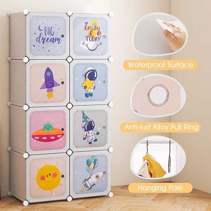 INFANS Children Wardrobe, Kid Closet Portable Baby Dresser Cute for Kids Bedroom Nursery Armoire with Doors 12 Cube 2 Hanging Sections, Kid Clothes Storage Organizer (White, 8 Cubes)
