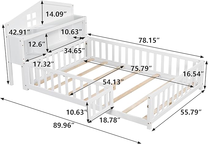 Bellemave Full Size Floor Bed for Kids, Girls, Boys, Solid Wood Montessori Bed with Storage headboard, Door, Storage, White