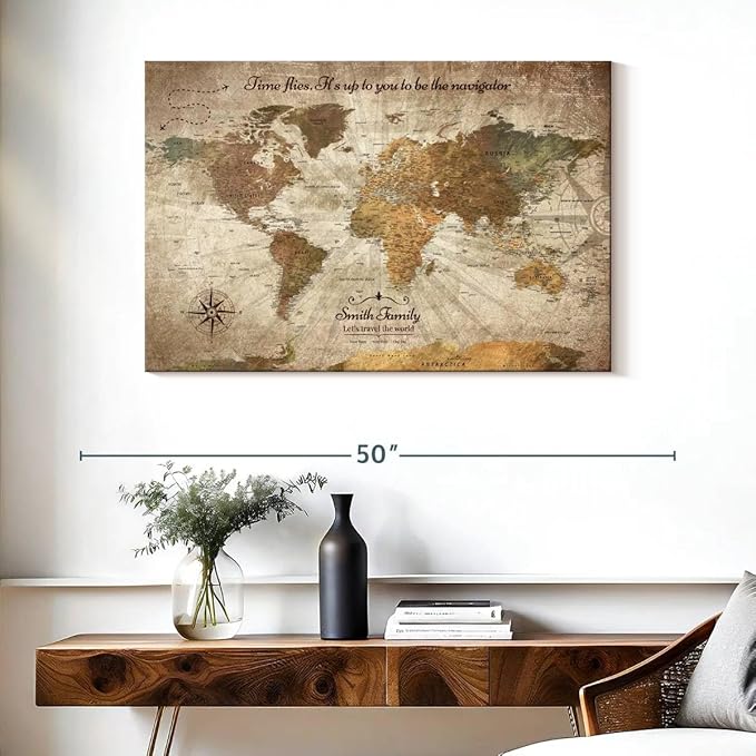 ElephantStock - Personalized Be The Navigator I Push Pin World Map Wall Art - Horizontal Canvas Wall Art - Living Room Wall Decor - Digital Art Map Canvas Art - Brown And Beige Decor - 39" x 26"