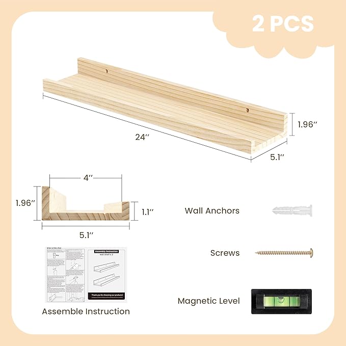 Picture Ledge Shelf, 24 inch Solid Wood Floating Shelves, Picture Shelf for Wall with Ledge, Floating Book Shelves for living room Bedroom Kitchen Nursery Decor, Natural Unfinished, Set of 2
