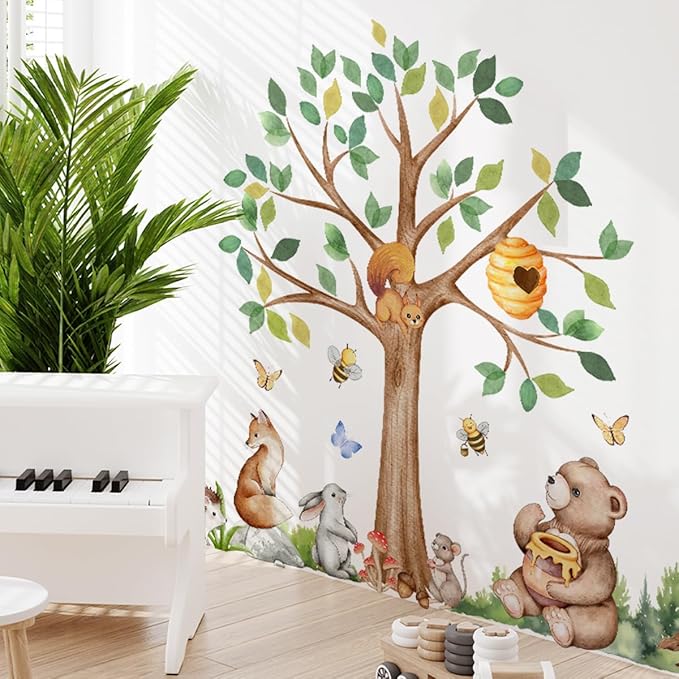 Large Woodland Animals Tree Wall Decal Set, Forest Tree with Bear Fox Bee Wall Stickers for Nursery Kids Bedroom Wall Decor, 55.51x44.49 inches