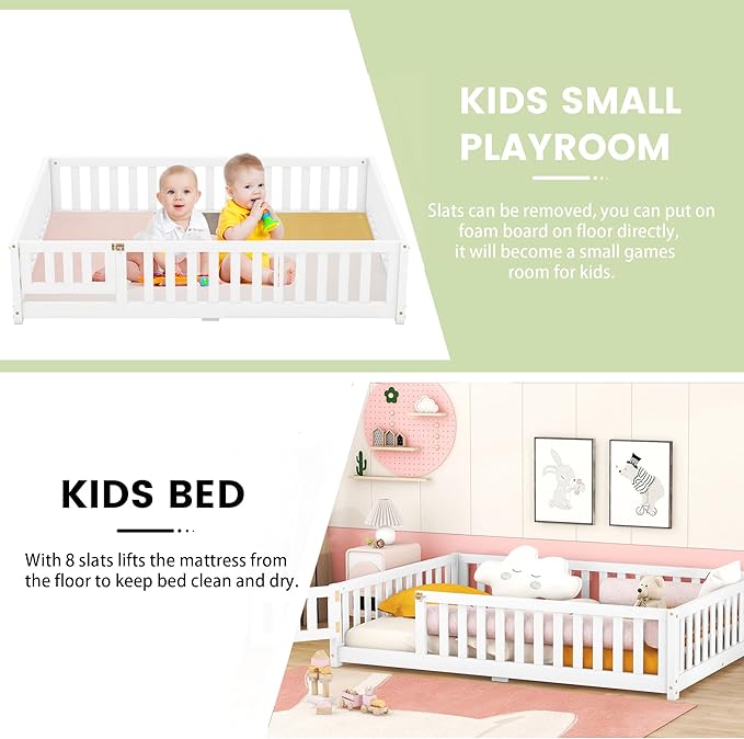 Full Size Floor Bed with Fence and Lockable Door, Wood Montessori Bed Frame with Slat Support for Kids,Boys,Girls,Easy Assembly, White