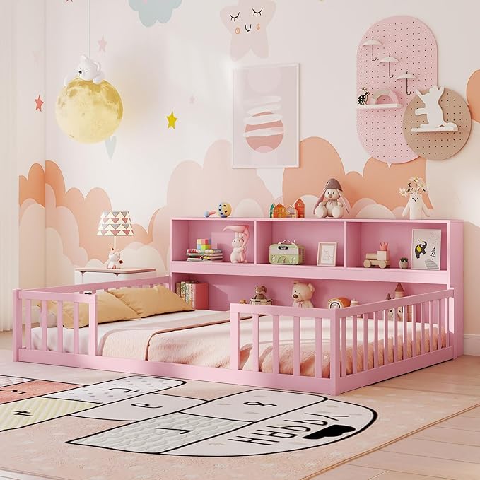 Giantex Full Size Floor Bed for Kids, Wooden Montessori Bed Frame with Bookcase, Storage Shelves & Safety Fence Rails, Floor Beds Full for Girls, Boys, No Box Spring Needed, Without Slats, Pink