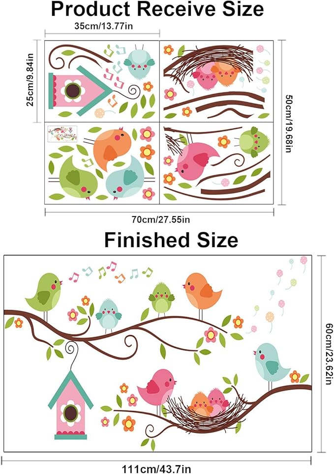 Robin Bird and Tree Branch Wall Stickers, Colorful Cute Cartoon Lovely Birds Singing On The Branch with Flowers Wall Decal, DILIBRA Removable DIY Mural Decorations for Living Room Bedroom Baby Room