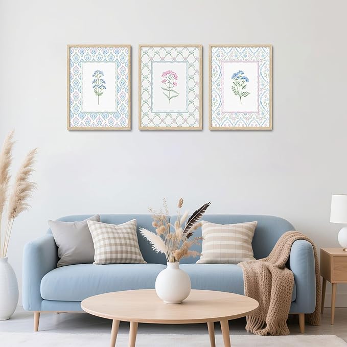CHMMART 3 Piece Pastel Wildflower Framed Wall Art Nursery Floral Canvas Art Prints Pink Blue Botanical Pictures Wall Decor Boho Flower Painting Artwork for Bedroom Bathroom 16x20in