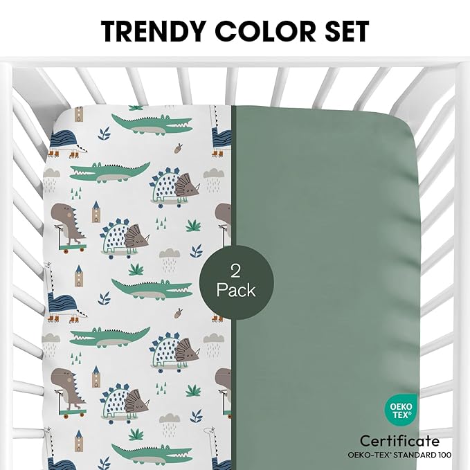Little Grape Land Crib Sheets for Girls and Boys, 2pk Baby Crib Fitted Sheet for Standard Size Crib and Toddler Mattress, Super Soft Baby Sheet, Green Dinosaur