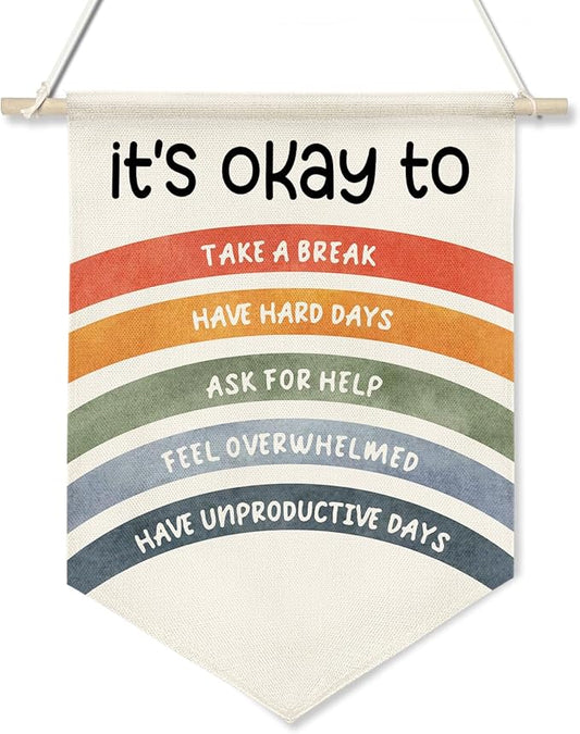 It's Okay To Wall Hanging Banner,Mental Health Rainbow Canvas Poster for Kids Teens Classroom Decor, Self-Care Quote for Therapy Office, Counselor Room, Bedroom or Nursery, 11x16 Inch(KD32)