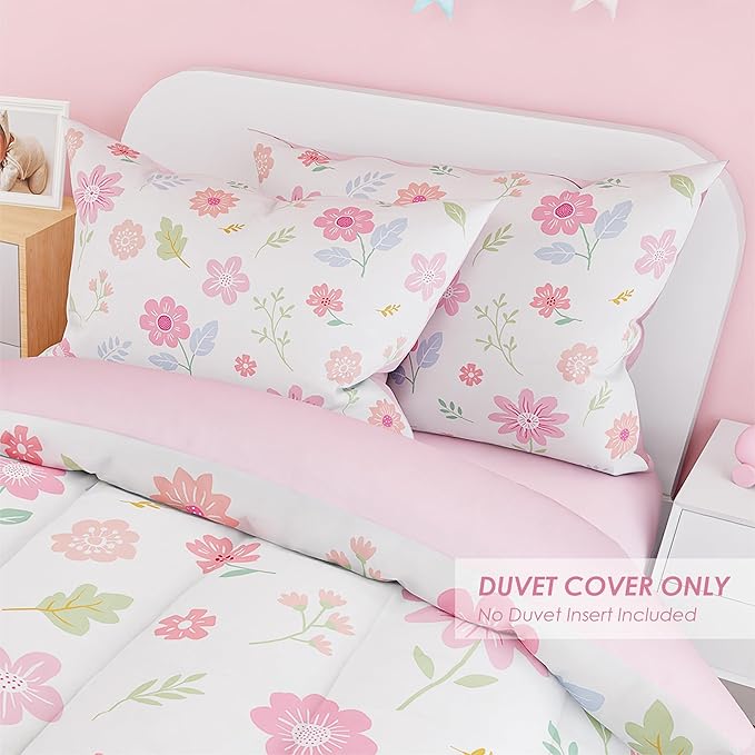 SANDJEST Floral Duvet Cover Sets Twin Size for Kids Girls, Include 1 Polyester Comforter Cover 68x86 Inches and 1 Pillowcase 20x26 Inches, Comforter Not Included, Gift for Christmas Birthday