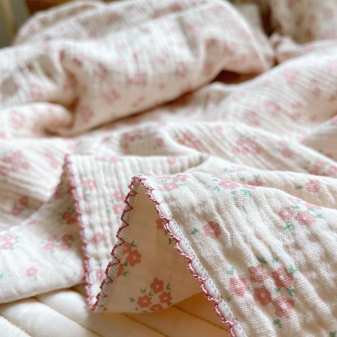 BuLuTu Baby Nursery Throw Blanket Cotton Muslin Kids Blanket with Cute Galsang Flowers Crib/Cradle Quilt Thin Summer Quilt for Boys,Girls,Toddler Breathable,Lightweight Machine Washable 47"x51"