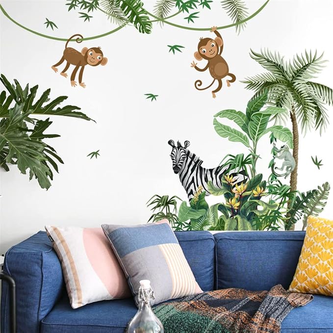 Large Size Tropical Palm Green Leaf Plant Animals Jungle Wall Decals For Kids Room Bedroom Cute Monkey Zebra Giraffe Big Vinyl Self-adhesive Wallpaper Peel and Stick Woodland Forest Kindergarten Decoration Sticker Removable DIY Nursery Mural