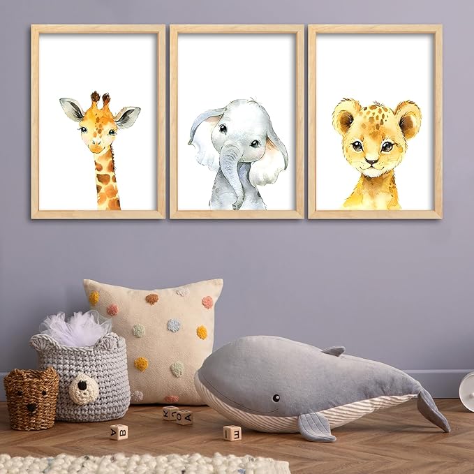 Surfapans Nursery Cute Animal Sign Wall Decor 24"x16" Set of 3 Lion Giraffe Elephant Prints Wooden Framed for Baby Child Children's Room Wall Art (Wood)