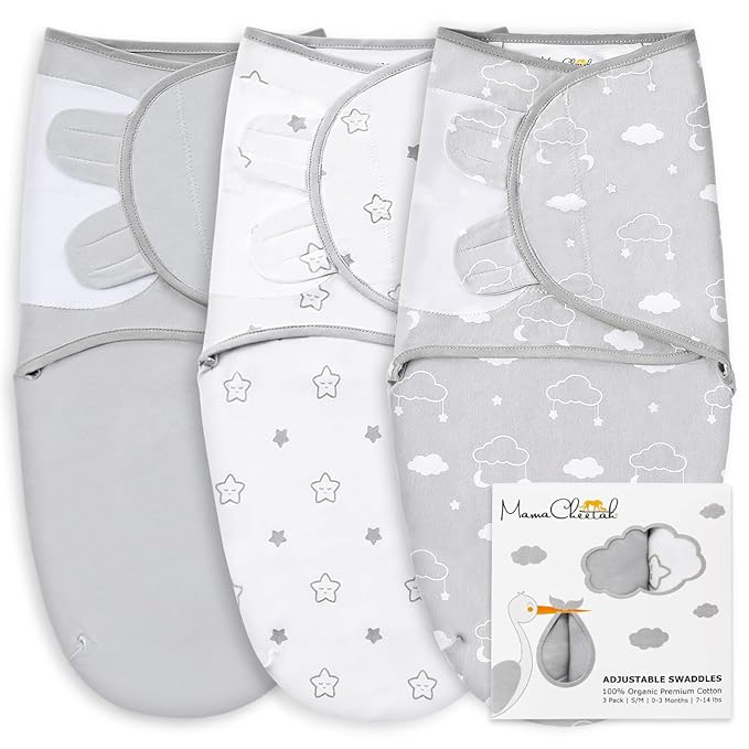 Mama Cheetah Baby Swaddle Sack, Organic Swaddle Blanket, Newborn Swaddling Sleep Sacks, Adjustable Easy Swaddles for Boy Girl 0-3 Month, Baby Essentials, Nursery Swaddling, 3-Pack