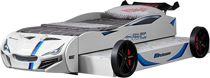 Furniture of America Redvers Modern Wood Twin-Size Kid Bed with Race Car Design and Pull-Out Trundle, No Box Spring Required for Toddler, Teens, Boys or Girls, White