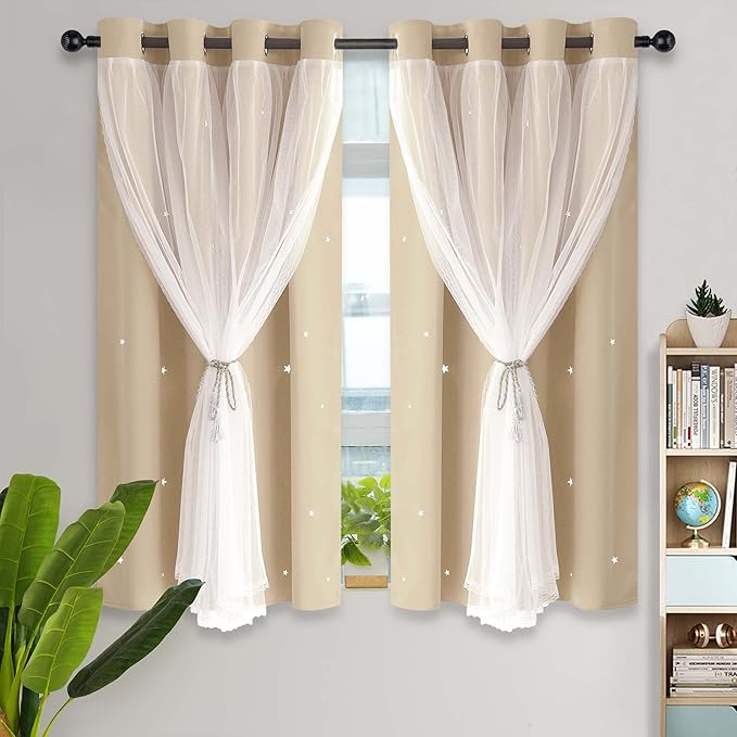 Kinryb Blackout Curtains for Girl Bedroom/Living Room/Classroom, Sheer Overlay Small 2 Panel Set, Double Layer Curtains with Star Cutout for Kids Room(W 52 x L 45 Inches,Beige 2 Pcs)