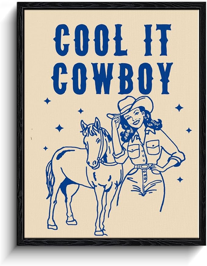 Western Cowgirl Wall Art, cool it cowboy message, vintage western wall decor, matte finish framed canvas print, western poster artwork, for country bar game room gift, 12x15 inch
