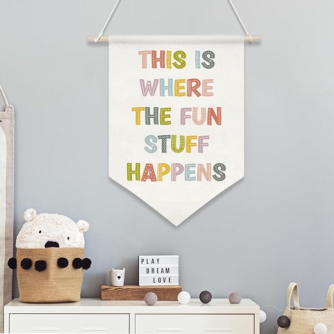 This Is Where the Fun Stuff Happens Banner,16"x11" Canvas Wall Hanging with Wooden Rod, Classroom Playroom Decor, Colorful Positive Quote Poster for Kids Room, Nursery, or Teacher Gifts (KD26)