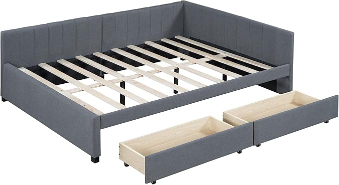 Harper & Bright Designs Full Size Upholstered Daybed with 2 Storage Drawers Sofa Bed Frame for Boys Girls Kids Adults Toddler No Box Spring Needed, Linen Fabric (Gray)