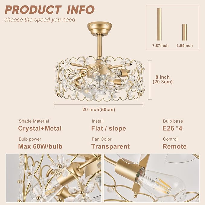 20" Gold Caged Ceiling Fan with Light and Remote Control Flower Crystal Chandelier Ceiling Fan Boho Fandelier for Girl's Bedroom，Nursery，Living Room（Enclosed 6 Speeds Height Adjustment）