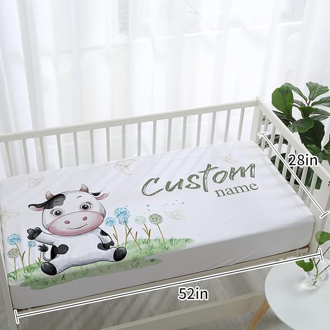 Custom Baby Crib Bedding Set - Cows Design Personalized Name Baby Nursery Bedding 3 Pcs Set - Chic Soft Blanket, Fitted Sheet, Room Rug for Newborns Boys Girls Gifts