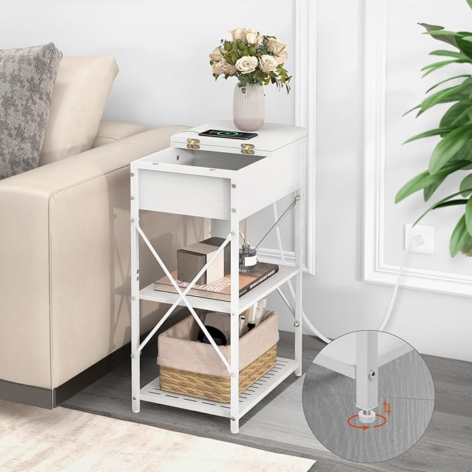 Livofloral Narrow Side Table with Charging Station, End Table with 3 USB Ports and 2 AC Outlets, Flip Top End Table with Storage, White Side Tables Living Room, Nightstand with Drawer for Bedroom